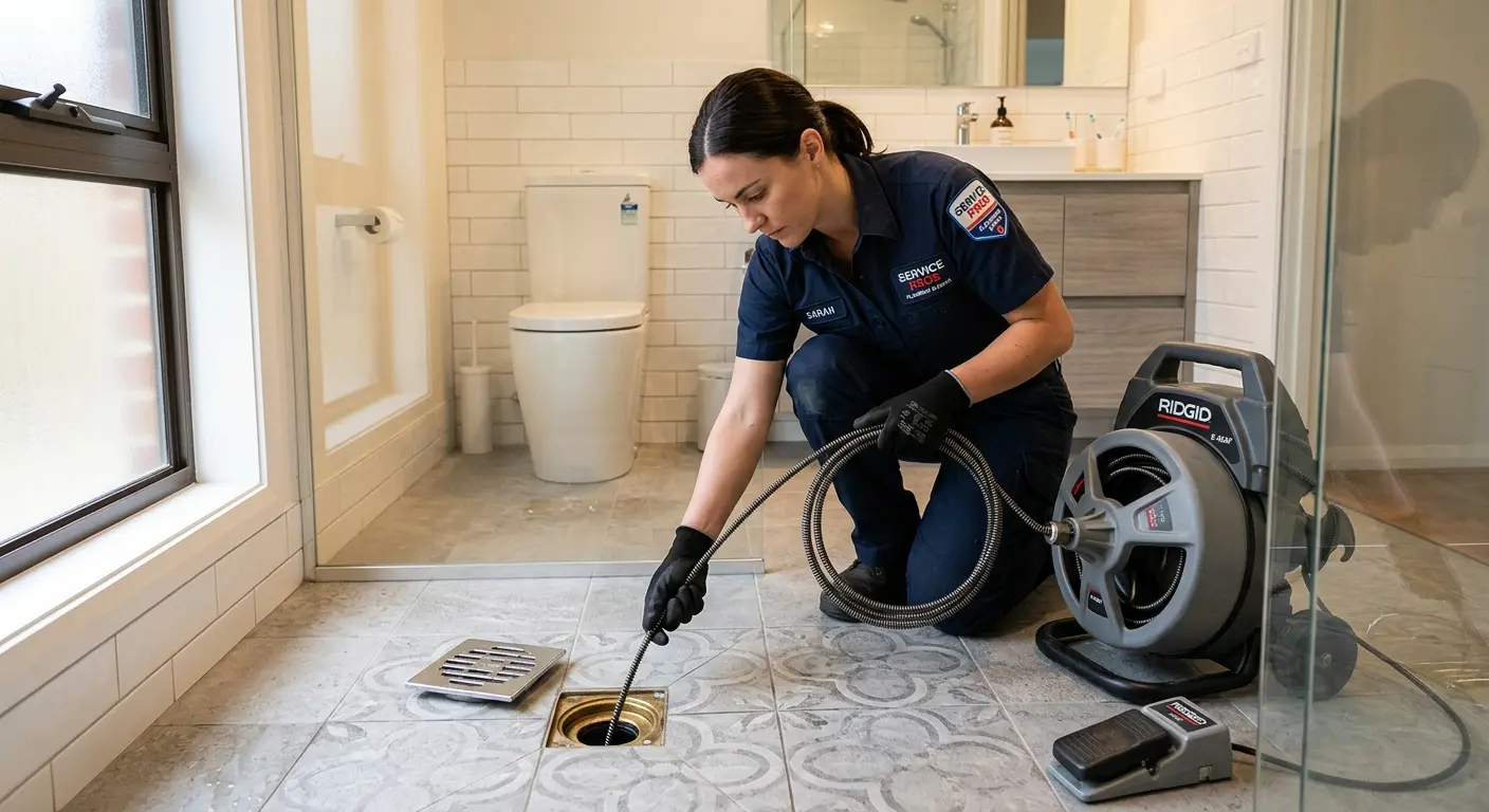Technician clearing a bathroom floor drain for Drain Cleaning in Sherman